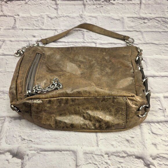 Michael Kors Designer Shoulder Bag Metallic Taupe Leather w/ Chain Accent - Picture 5 of 14